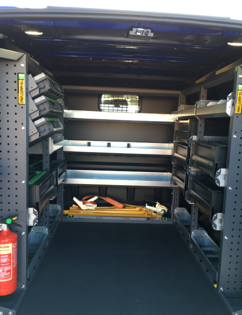 Van interior using bott Smartvan van racking - custom van racking shelving, boxes and van storage