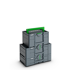 Systainer cases for van racking, stacked for space efficiency 