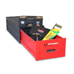 Armorgard TrekDor lockable drawer - drawer pulled out with a hammer, saw and other equipment inside