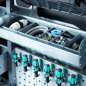 Tool storage for van racking - perfo storage and bott boxes for parts storage