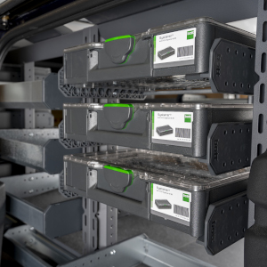 Three Systainer Organisers slotted into van racking shelving