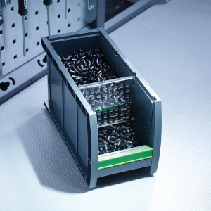 bott box with compartment for small parts storage on van racking floor
